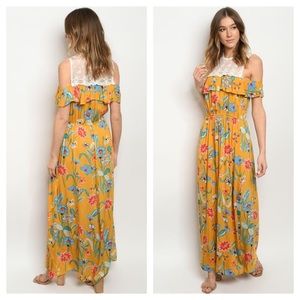 SAFFRON BOHO FLORAL RUFFLE MAXI DRESS - MUSTARD